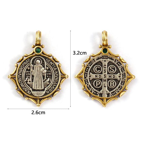 1 PC Brass Religious Pendants Antique Silver Color Antique Bronze Two Tone St. Benedict Medal Double Sided Pendant 3.2cm x 2.6cm