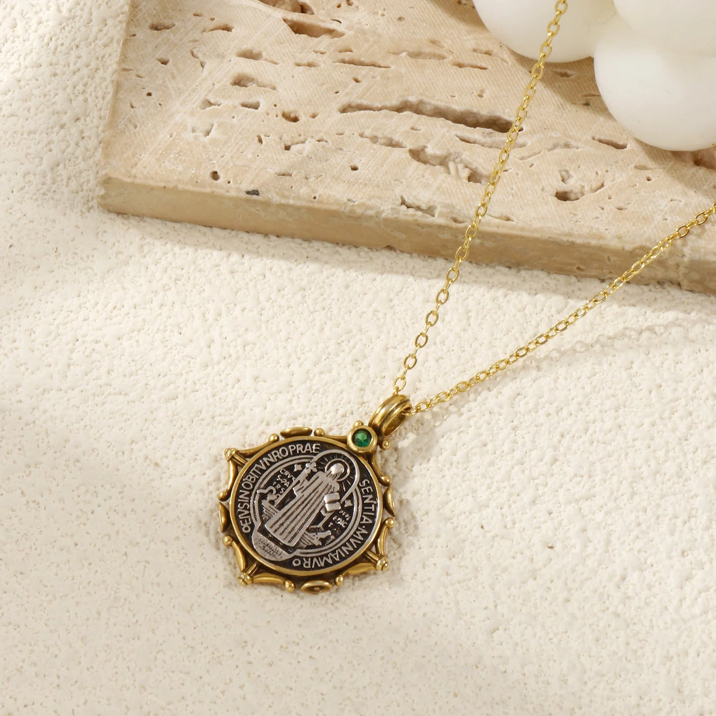 1 PC Brass Religious Pendants Antique Silver Color Antique Bronze Two Tone St. Benedict Medal Double Sided Pendant 3.2cm x 2.6cm