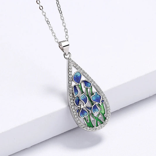 925 Silver Fashion Blue Flower Ladies Pendant Necklace Handmade Enamel Jewelry Wedding Birthday Party Pendant Necklace Women's