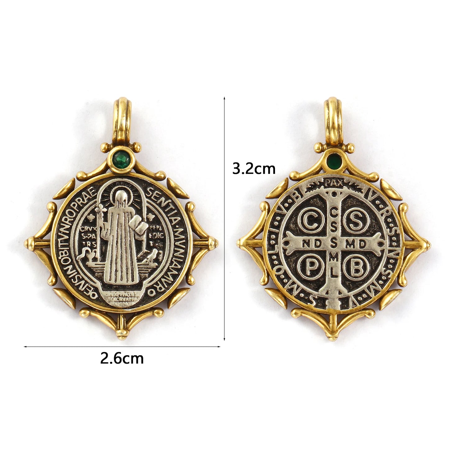 1 PC Brass Religious Pendants Antique Silver Color Antique Bronze Two Tone St. Benedict Medal Double Sided Pendant 3.2cm x 2.6cm