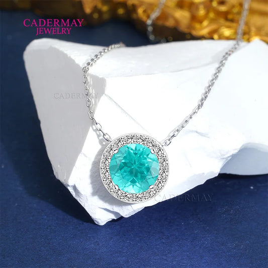 Paraiba Halo Moissanite Pendant 925 Silver 8mm Round Shape Synthetic Paraiba YAG Pendant Necklace For Women Anniversary Gift