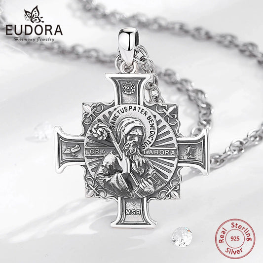 Eudora 925 Sterling Silver saint benedict medal Necklace for Women Man Vintage Cross of san benedict Pendant Religious Jewelry
