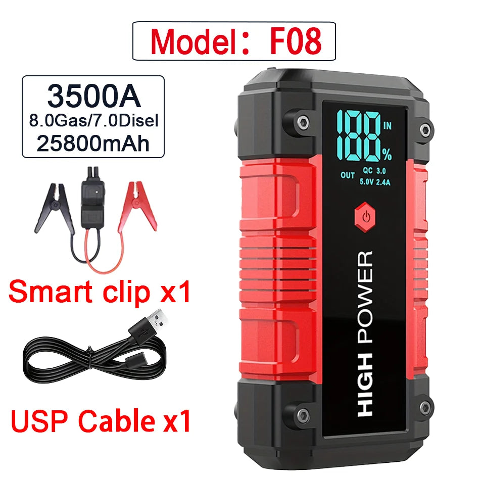 25800mAh 3500A Peak Car Jump Start Pack for up to 8.0L Gas and 7.0L Diesel,  with LCD Display & Dual USB Output & 12V DC Output