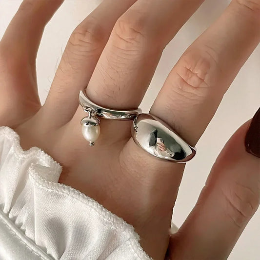 Silver Color Pearl Pendant Rings For Women Trendy Punk Simple Geometric Handmade Daily Party Jewelry Gifts