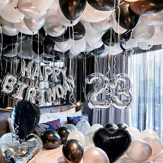 30/52/54 Black And White Balloons Set Silver Happy Birthday Banner Balloons For Birthday Decoration,Party,Holiday Decoration