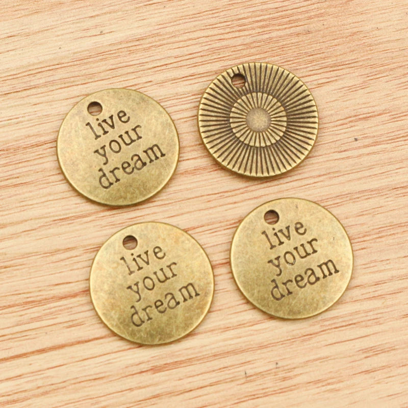 10pcs 19x19mm Antique Bronze and Antique Silver Plated Live Your Dream Plate Pendant DIY Making Accessories