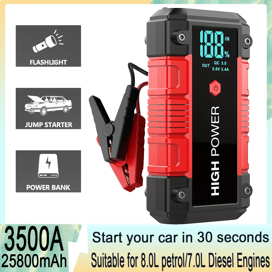 25800mAh 3500A Peak Car Jump Start Pack for up to 8.0L Gas and 7.0L Diesel,  with LCD Display & Dual USB Output & 12V DC Output