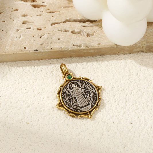 1 PC Brass Religious Pendants Antique Silver Color Antique Bronze Two Tone St. Benedict Medal Double Sided Pendant 3.2cm x 2.6cm