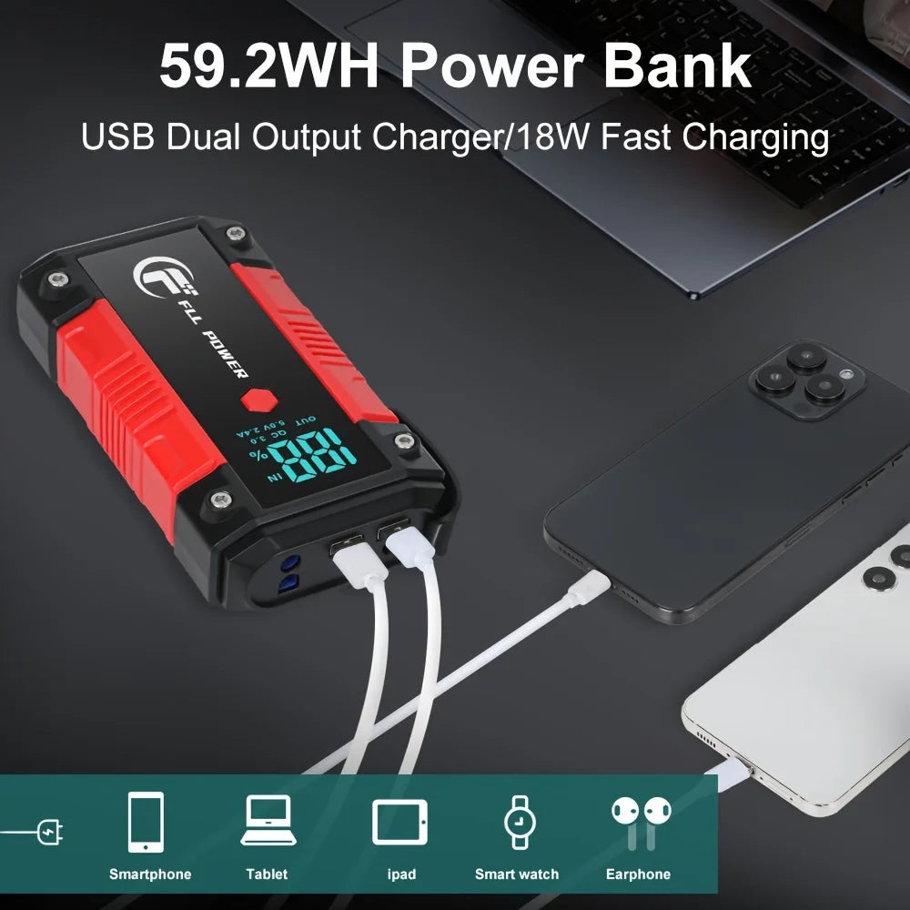 25800mAh 3500A Peak Car Jump Start Pack for up to 8.0L Gas and 7.0L Diesel,  with LCD Display & Dual USB Output & 12V DC Output