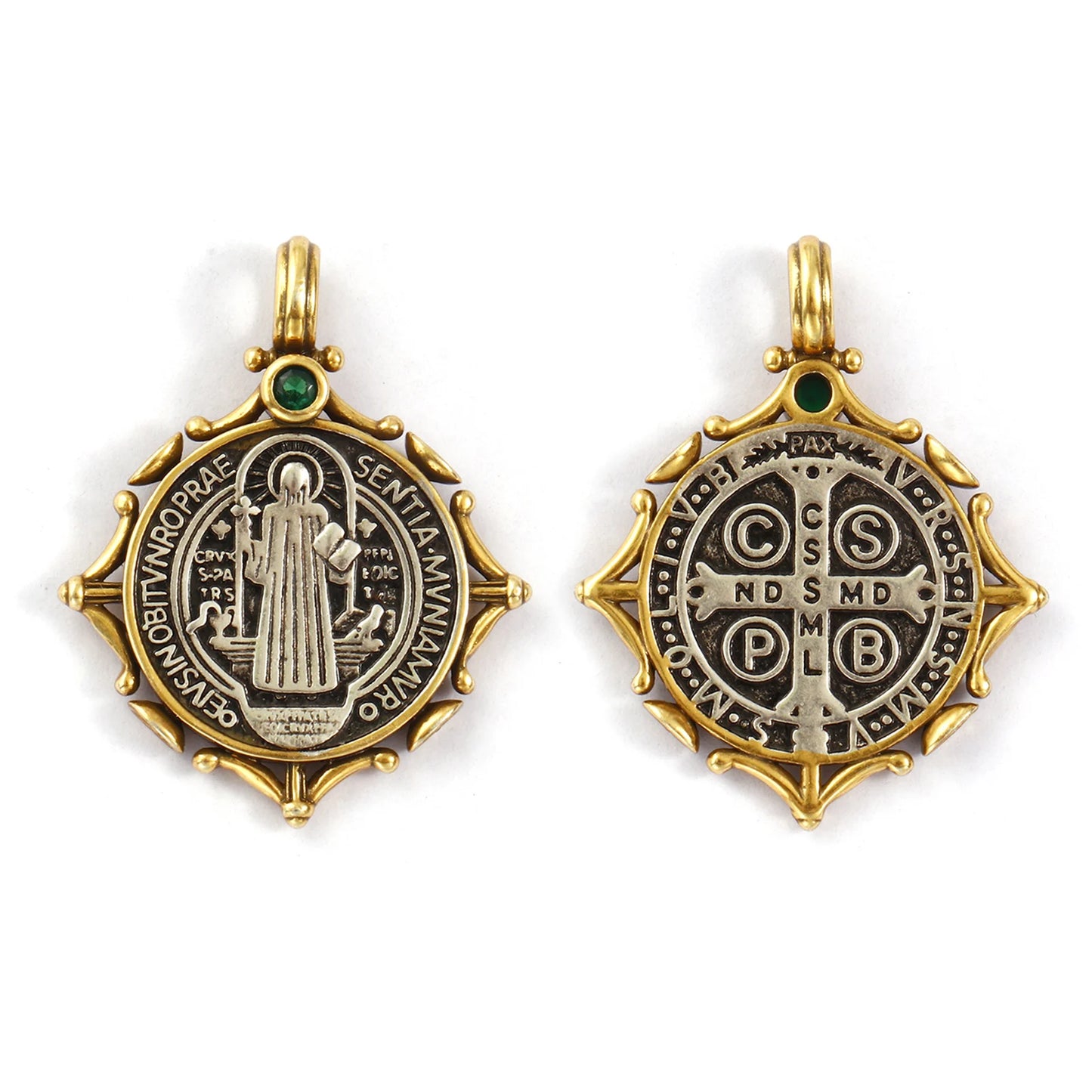 1 PC Brass Religious Pendants Antique Silver Color Antique Bronze Two Tone St. Benedict Medal Double Sided Pendant 3.2cm x 2.6cm