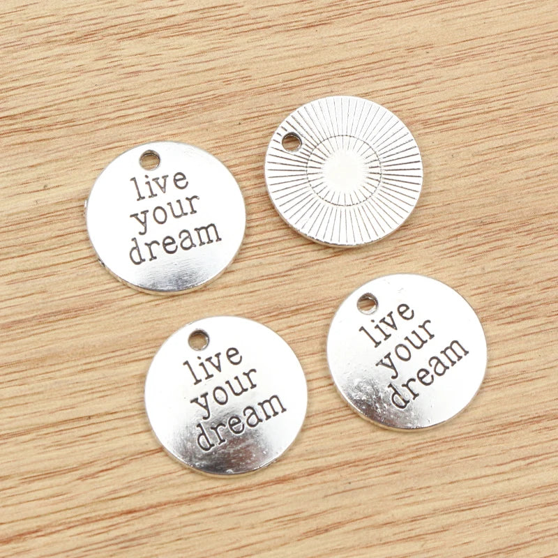 10pcs 19x19mm Antique Bronze and Antique Silver Plated Live Your Dream Plate Pendant DIY Making Accessories