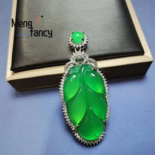 High-Ice Silver-Plated, Leaf-Inlaid, Emerald Green Chalcedony Pendant, Gold Branch And Jade Leaf, Agate And Jade Pendant Elegant